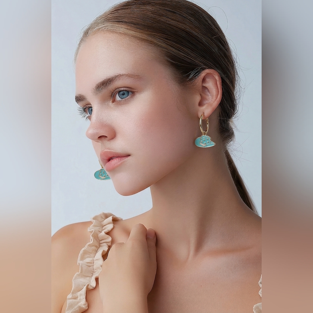 Gold Hoop Earrings with Turquoise Hat Charm - Women Jewelry